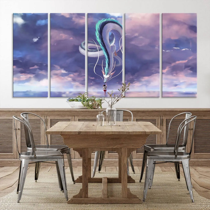 The living room showcases a Spirited Away Haku and Chihiro poster. The sky-painted backdrop enhances the gallery-quality finish for a premium feel.