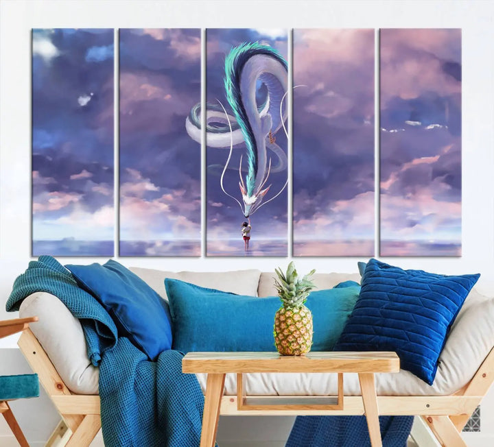 The living room showcases a Spirited Away Haku and Chihiro poster. The sky-painted backdrop enhances the gallery-quality finish for a premium feel.