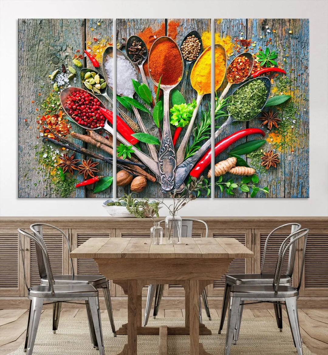 Spoonful of Spices Cooking Wall Art Canvas Print - Vibrant Kitchen Decor Triptych – Culinary Art Print for Dining Room or Kitchen – Ready to Hang
