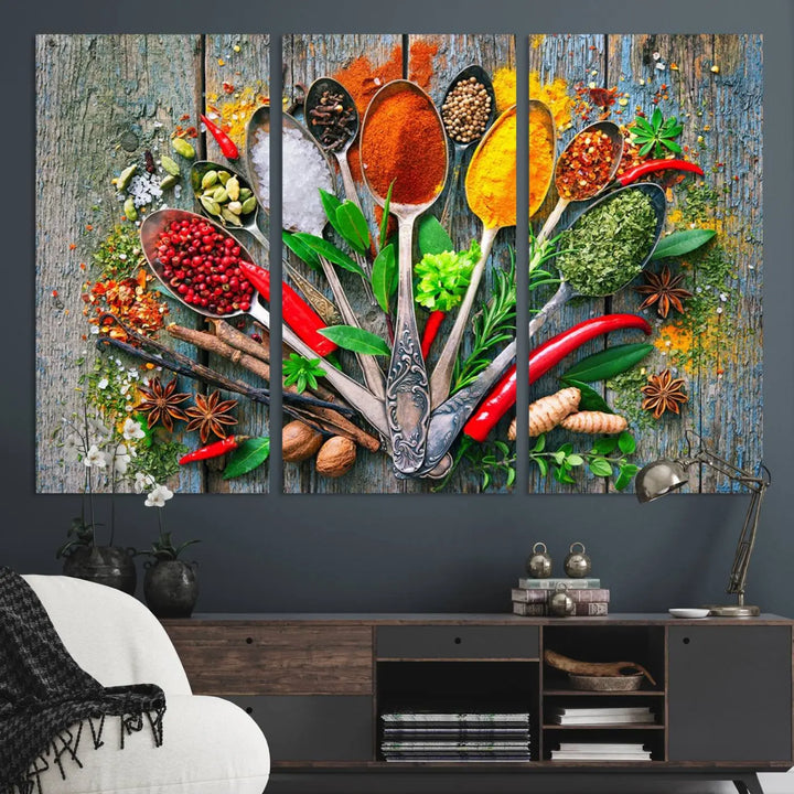 Spoonful of Spices Cooking Wall Art Canvas Print - Vibrant Kitchen Decor Triptych – Culinary Art Print for Dining Room or Kitchen – Ready to Hang