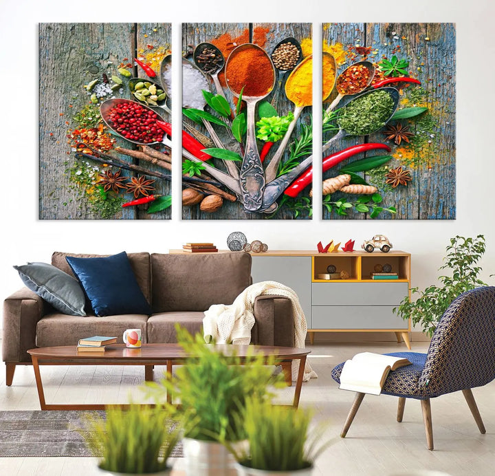 This vibrant wall art canvas print features colorful spices on spoons, making it perfect for kitchens or dining rooms. Its ready to hang.