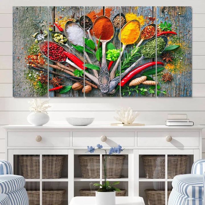This vibrant wall art canvas print features colorful spices on spoons, making it perfect for kitchens or dining rooms. Its ready to hang.