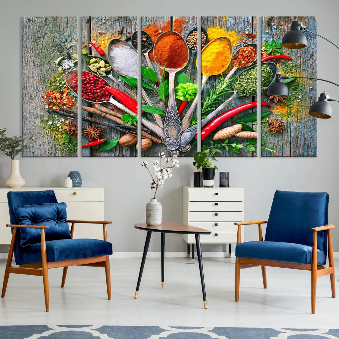 This vibrant wall art canvas print features colorful spices on spoons, making it perfect for kitchens or dining rooms. Its ready to hang.