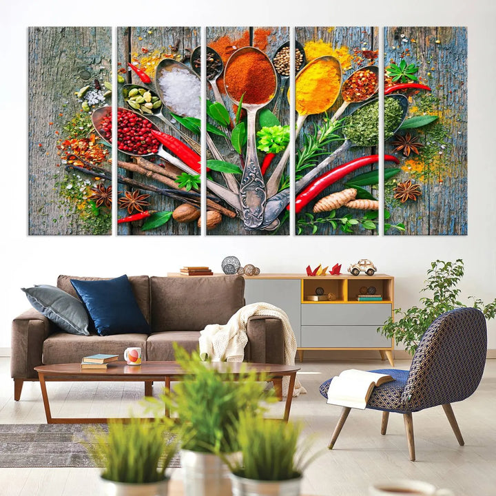 This vibrant wall art canvas print features colorful spices on spoons, making it perfect for kitchens or dining rooms. Its ready to hang.