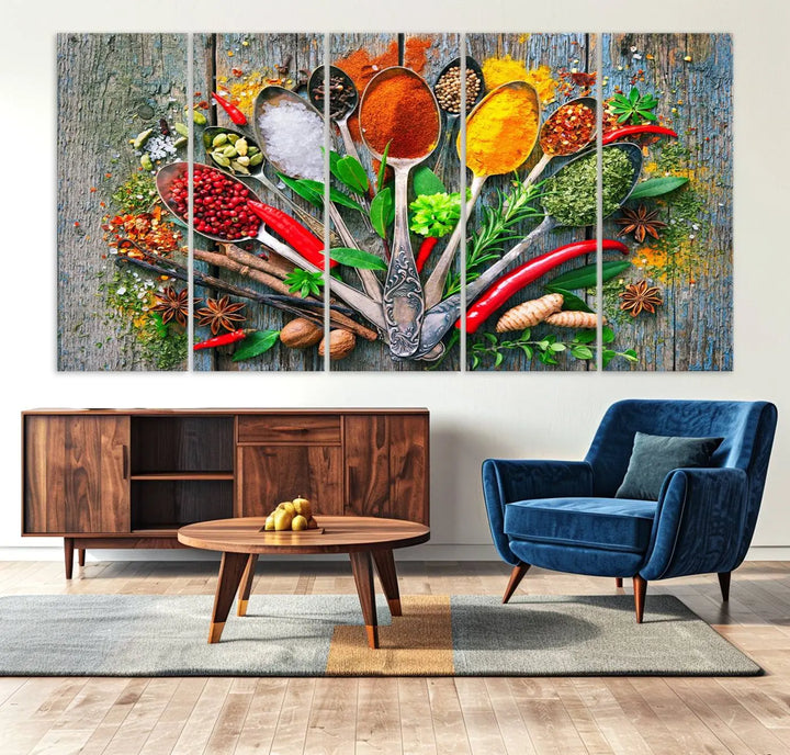 This vibrant wall art canvas print features colorful spices on spoons, making it perfect for kitchens or dining rooms. Its ready to hang.