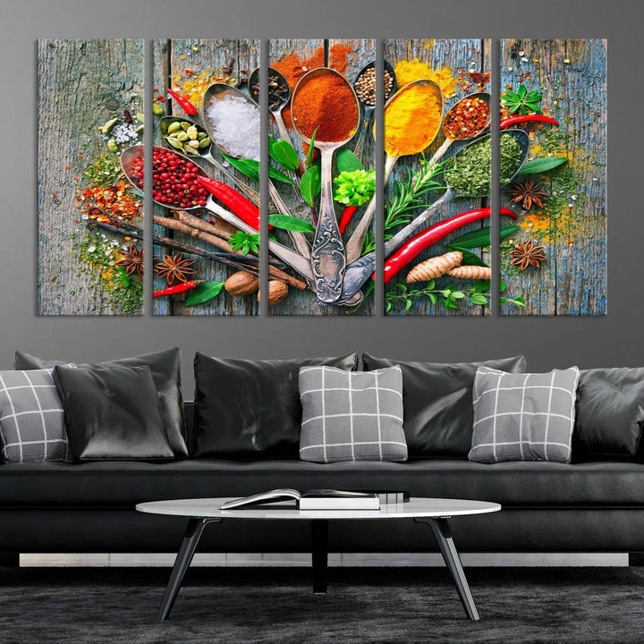 This vibrant wall art canvas print features colorful spices on spoons, making it perfect for kitchens or dining rooms. Its ready to hang.