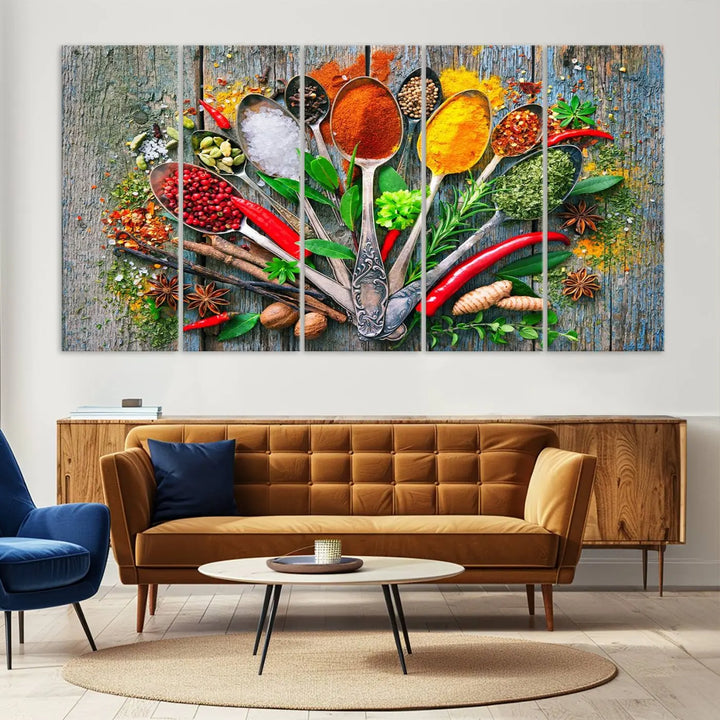 This vibrant wall art canvas print features colorful spices on spoons, making it perfect for kitchens or dining rooms. Its ready to hang.