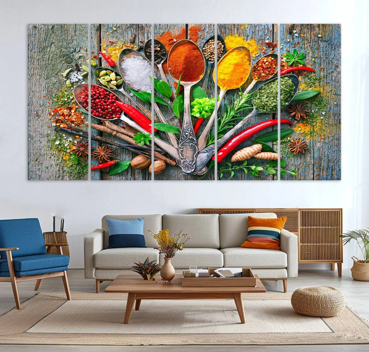 This vibrant wall art canvas print features colorful spices on spoons, making it perfect for kitchens or dining rooms. Its ready to hang.