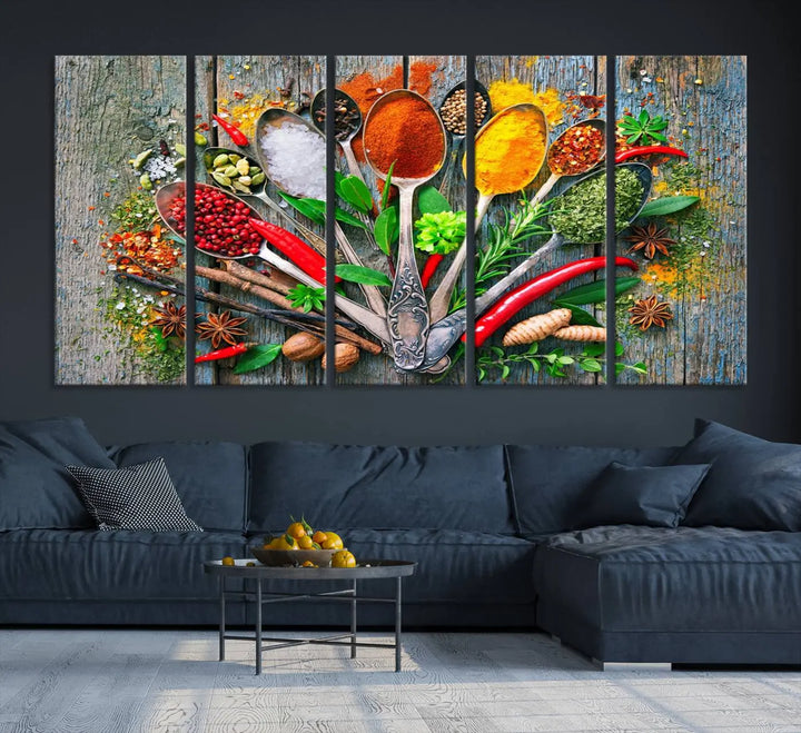 This vibrant wall art canvas print features colorful spices on spoons, making it perfect for kitchens or dining rooms. Its ready to hang.