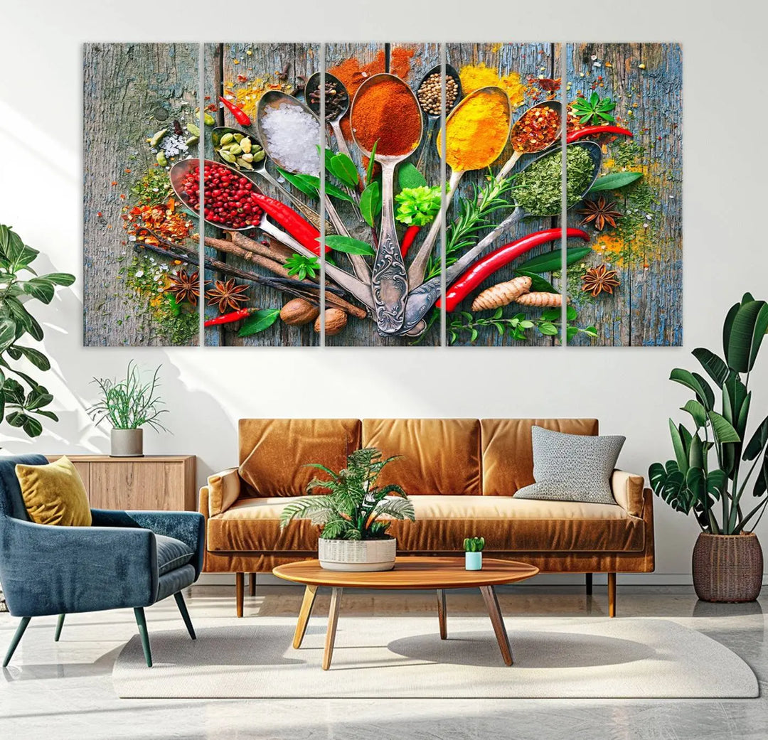 This vibrant wall art canvas print features colorful spices on spoons, making it perfect for kitchens or dining rooms. Its ready to hang.