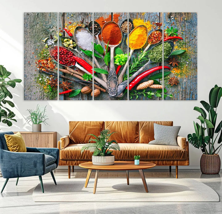 This vibrant wall art canvas print features colorful spices on spoons, making it perfect for kitchens or dining rooms. Its ready to hang.