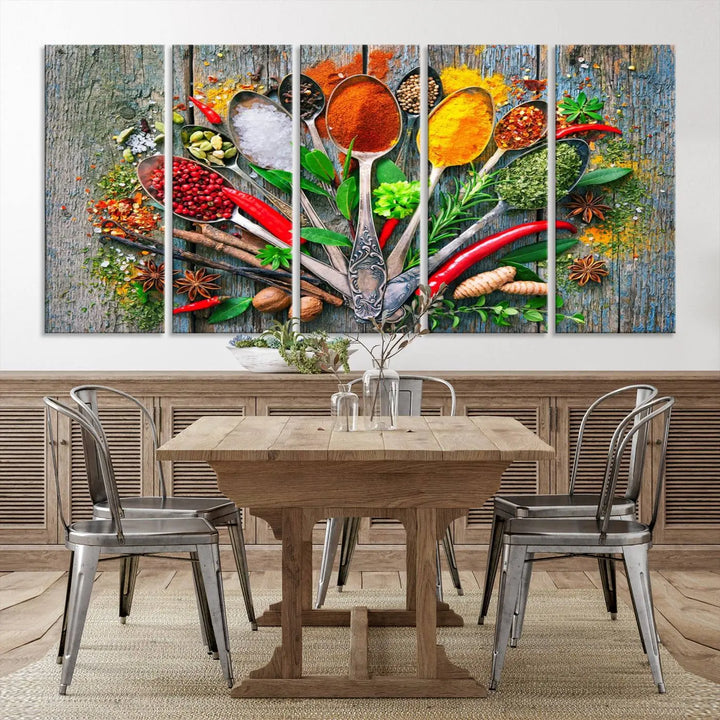 This vibrant wall art canvas print features colorful spices on spoons, making it perfect for kitchens or dining rooms. Its ready to hang.