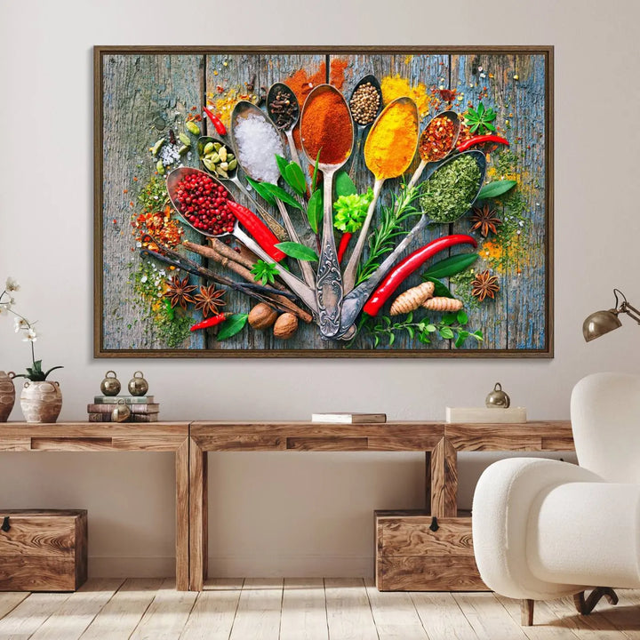 This vibrant wall art canvas print features colorful spices on spoons, making it perfect for kitchens or dining rooms. Its ready to hang.