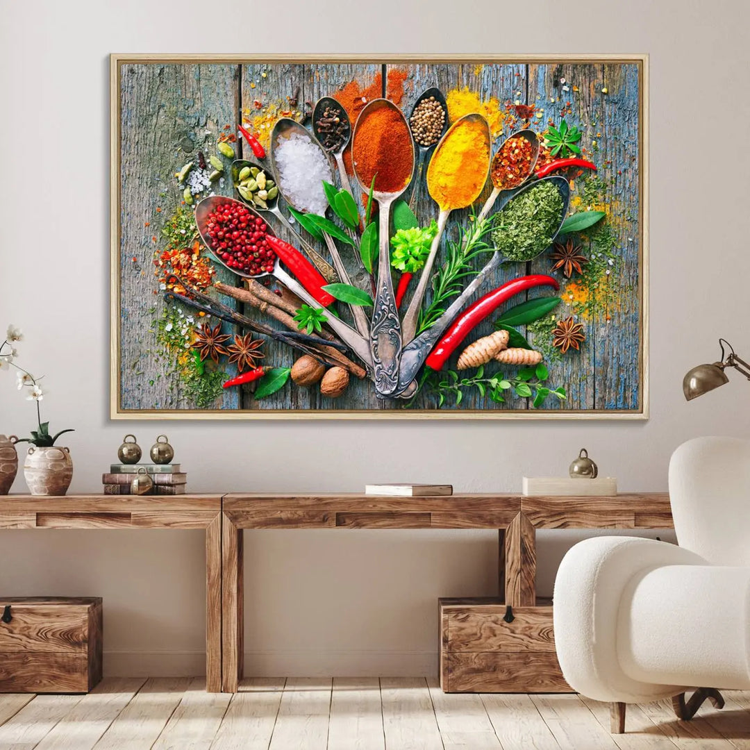 This vibrant wall art canvas print features colorful spices on spoons, making it perfect for kitchens or dining rooms. Its ready to hang.