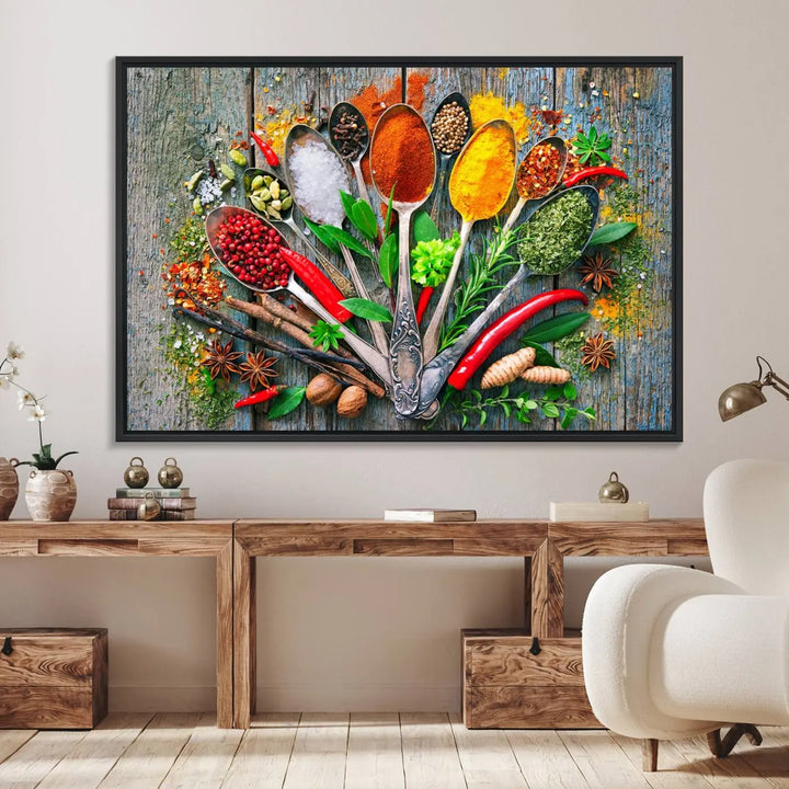 This vibrant wall art canvas print features colorful spices on spoons, making it perfect for kitchens or dining rooms. Its ready to hang.