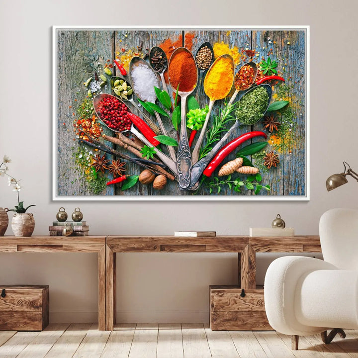 This vibrant wall art canvas print features colorful spices on spoons, making it perfect for kitchens or dining rooms. Its ready to hang.