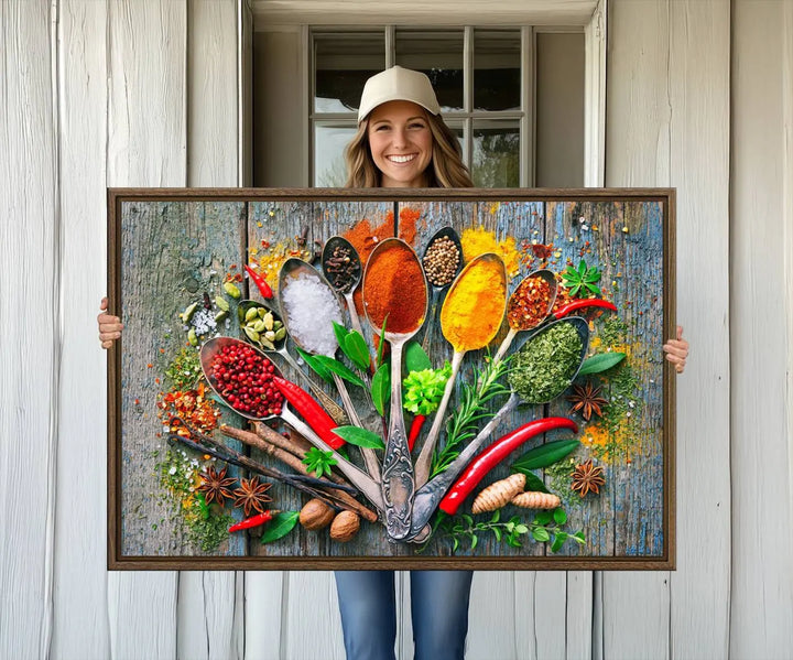 This vibrant wall art canvas print features colorful spices on spoons, making it perfect for kitchens or dining rooms. Its ready to hang.