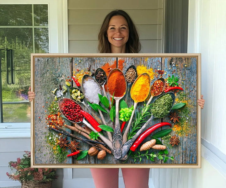 This vibrant wall art canvas print features colorful spices on spoons, making it perfect for kitchens or dining rooms. Its ready to hang.