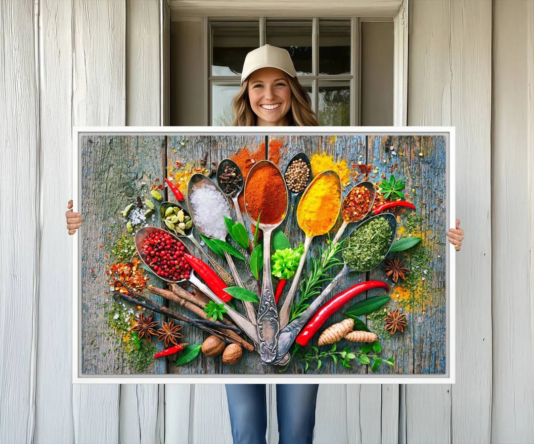 This vibrant wall art canvas print features colorful spices on spoons, making it perfect for kitchens or dining rooms. Its ready to hang.