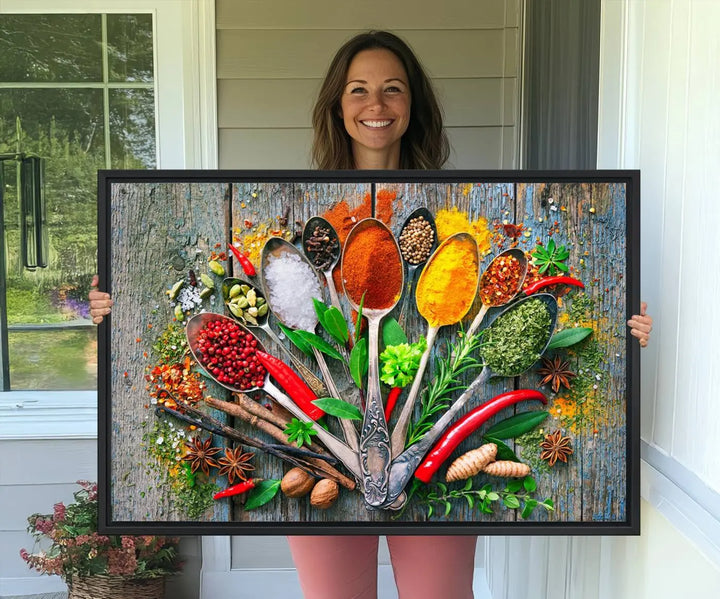 This vibrant wall art canvas print features colorful spices on spoons, making it perfect for kitchens or dining rooms. Its ready to hang.