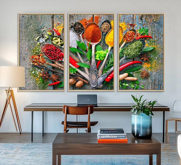 This vibrant wall art canvas print features colorful spices on spoons, making it perfect for kitchens or dining rooms. Its ready to hang.