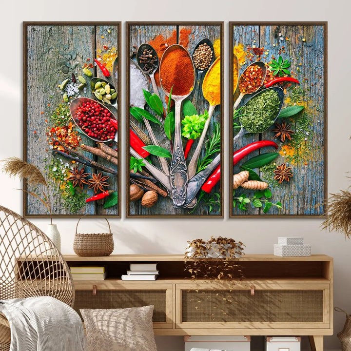 This vibrant wall art canvas print features colorful spices on spoons, making it perfect for kitchens or dining rooms. Its ready to hang.