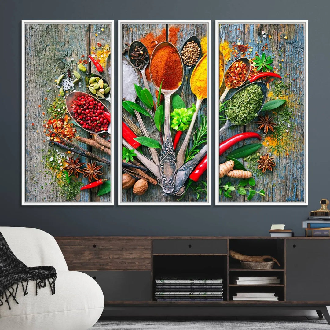 This vibrant wall art canvas print features colorful spices on spoons, making it perfect for kitchens or dining rooms. Its ready to hang.