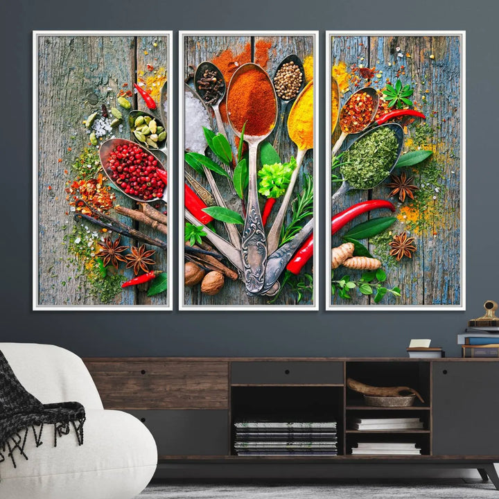 This vibrant wall art canvas print features colorful spices on spoons, making it perfect for kitchens or dining rooms. Its ready to hang.