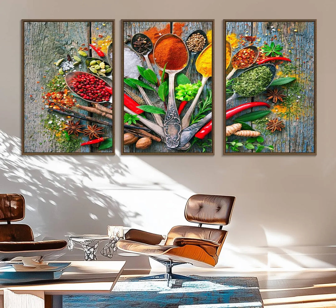 This vibrant wall art canvas print features colorful spices on spoons, making it perfect for kitchens or dining rooms. Its ready to hang.