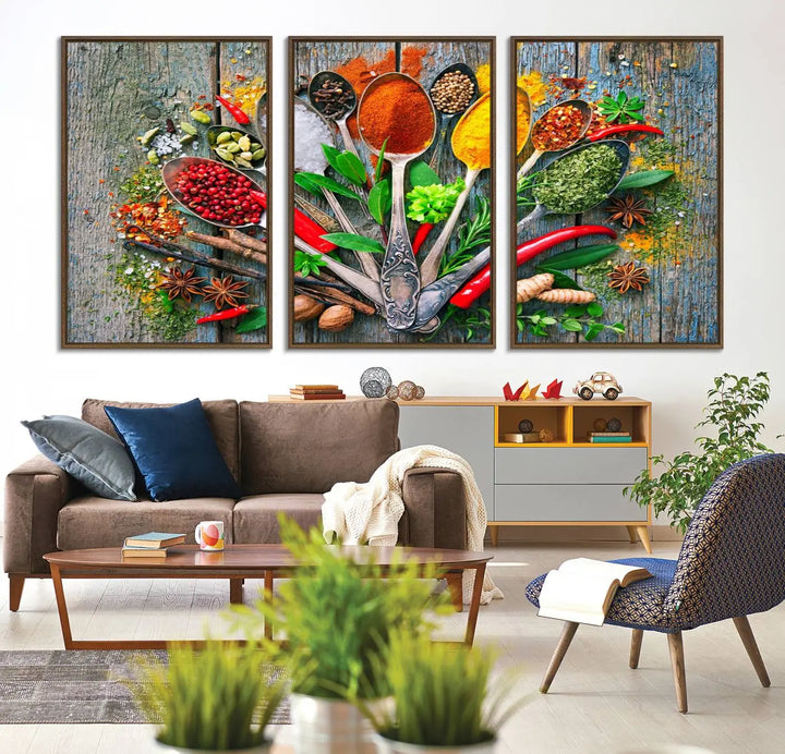 This vibrant wall art canvas print features colorful spices on spoons, making it perfect for kitchens or dining rooms. Its ready to hang.
