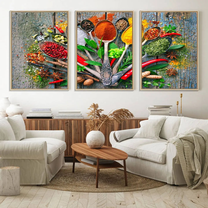 This vibrant wall art canvas print features colorful spices on spoons, making it perfect for kitchens or dining rooms. Its ready to hang.