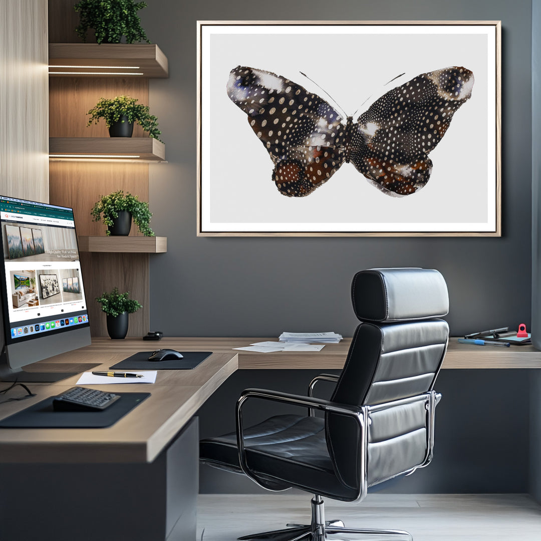 Spotted Butterfly Wall Art Canvas Print, Neutral Insect Theme Print, Framed Earthy Wing Pattern Art Print, Large Minimalist Nature Decor