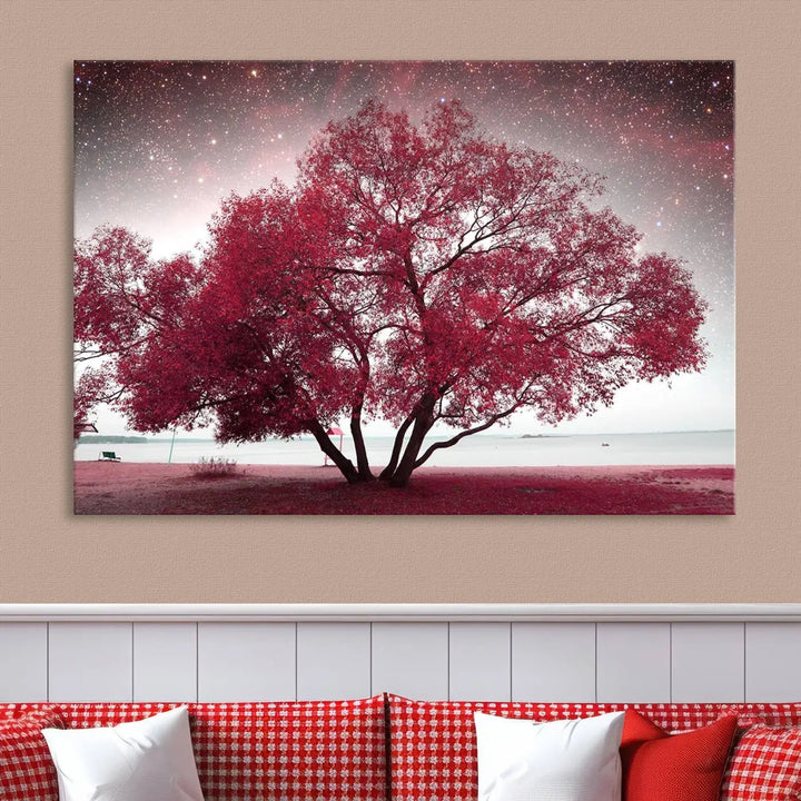 A living room adorned with a museum-quality triptych artwork on gallery-wrapped canvas titled "Spring Night Infrared Red Leaves and Tree," which showcases a pink tree against a starry sky.