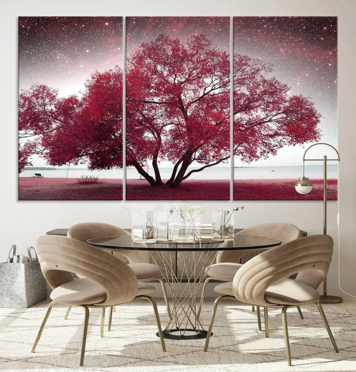 A living room adorned with a museum-quality triptych artwork on gallery-wrapped canvas titled "Spring Night Infrared Red Leaves and Tree," which showcases a pink tree against a starry sky.