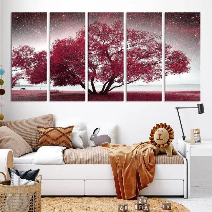 A living room adorned with a museum-quality triptych artwork on gallery-wrapped canvas titled "Spring Night Infrared Red Leaves and Tree," which showcases a pink tree against a starry sky.