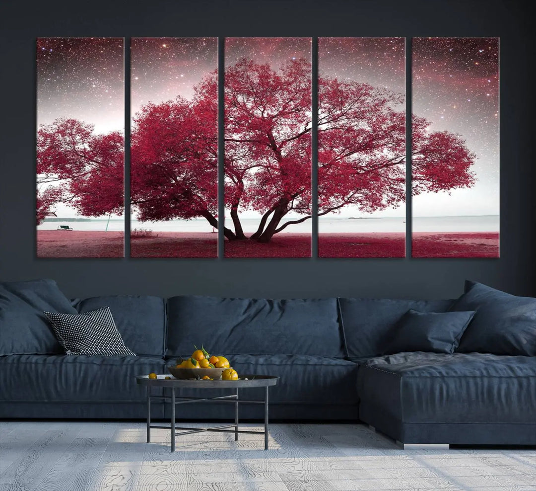 A living room adorned with a museum-quality triptych artwork on gallery-wrapped canvas titled "Spring Night Infrared Red Leaves and Tree," which showcases a pink tree against a starry sky.