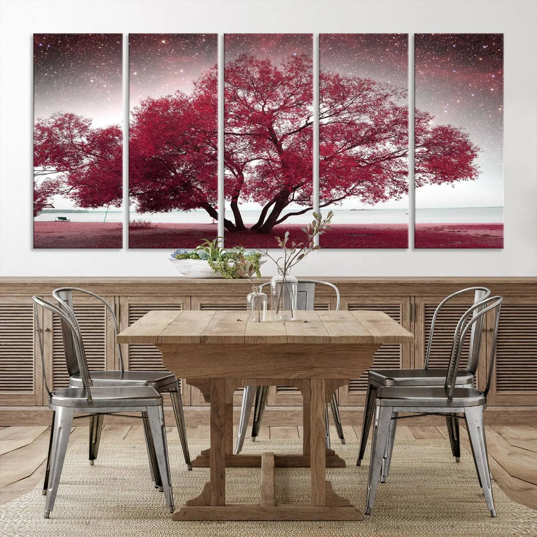 A living room adorned with a museum-quality triptych artwork on gallery-wrapped canvas titled "Spring Night Infrared Red Leaves and Tree," which showcases a pink tree against a starry sky.