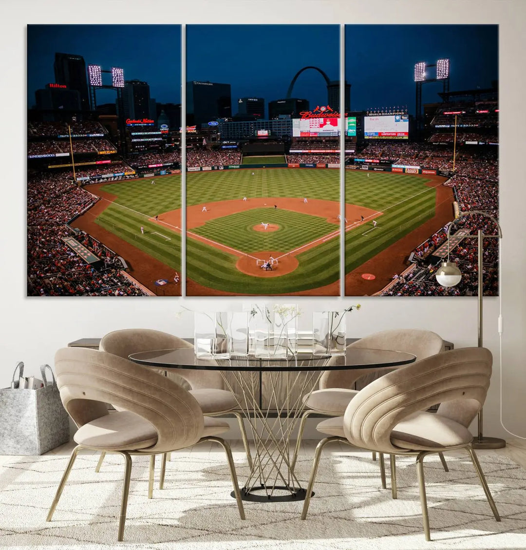 The living room features premium canvas wall art, including a triptych of the St. Louis Cardinals Baseball Team Print showcasing Busch Stadium at night.