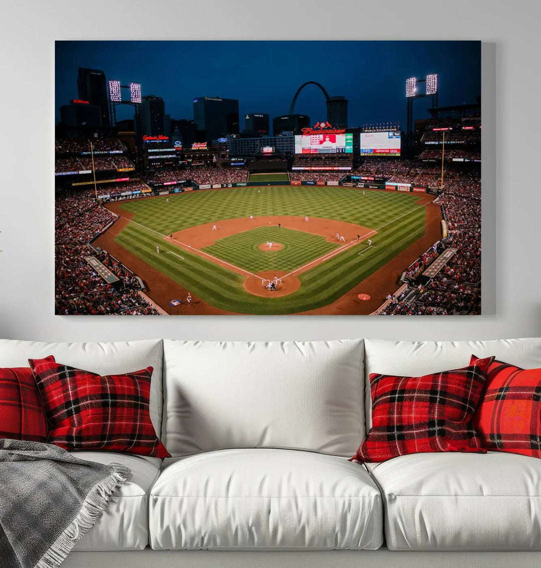 The living room features premium canvas wall art, including a triptych of the St. Louis Cardinals Baseball Team Print showcasing Busch Stadium at night.