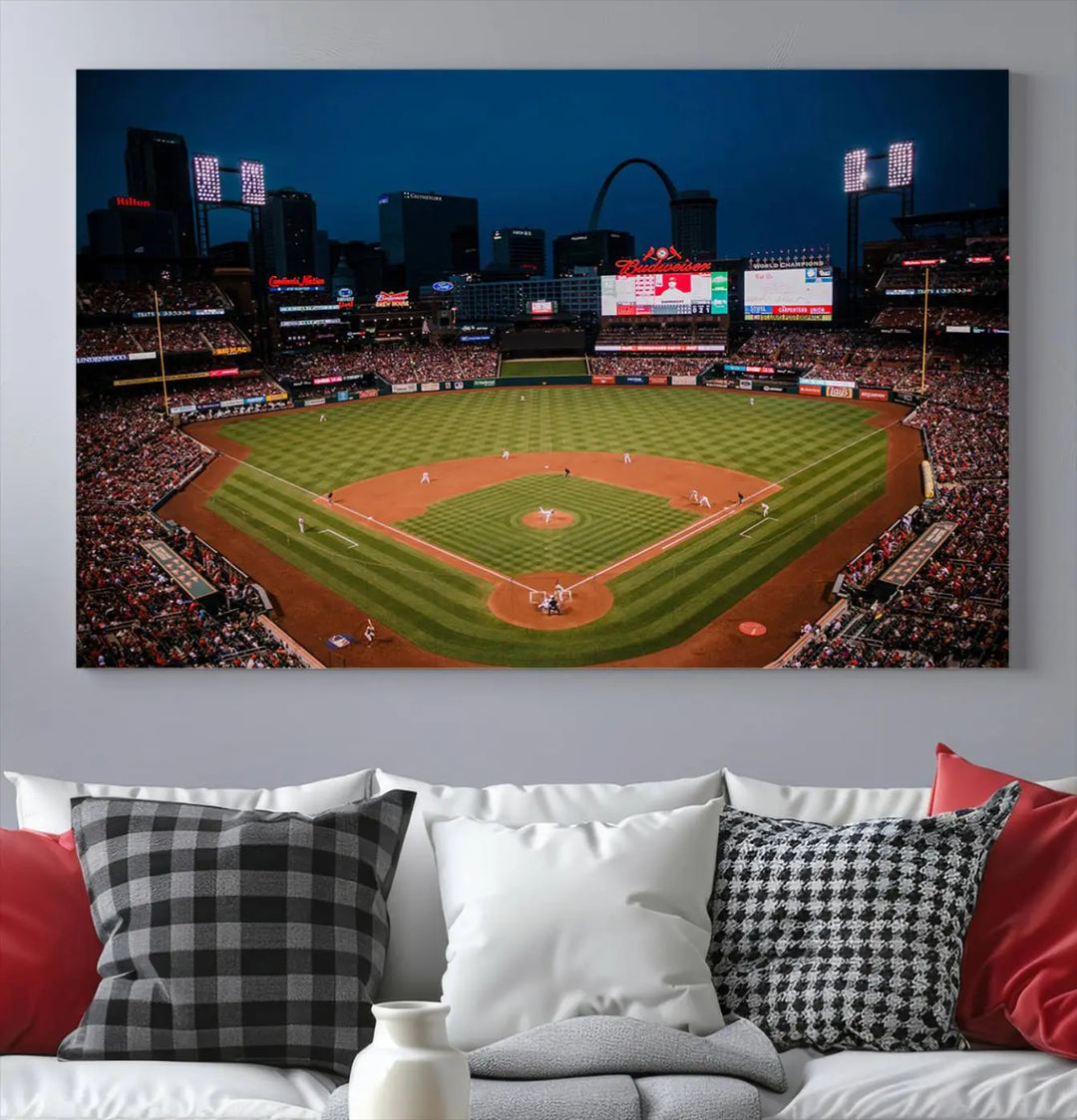 The living room features premium canvas wall art, including a triptych of the St. Louis Cardinals Baseball Team Print showcasing Busch Stadium at night.