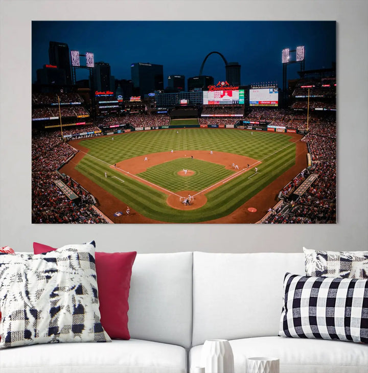 The living room features premium canvas wall art, including a triptych of the St. Louis Cardinals Baseball Team Print showcasing Busch Stadium at night.