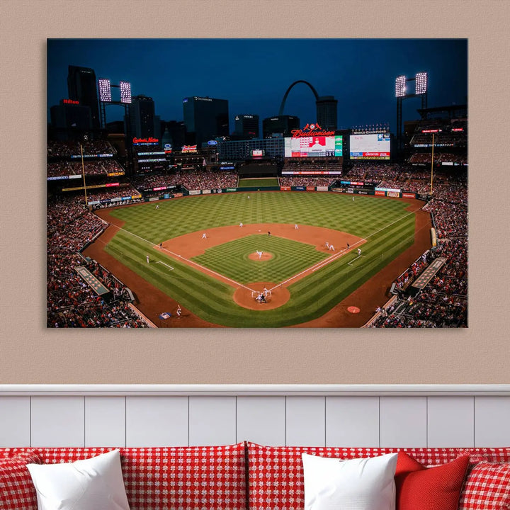 The living room features premium canvas wall art, including a triptych of the St. Louis Cardinals Baseball Team Print showcasing Busch Stadium at night.