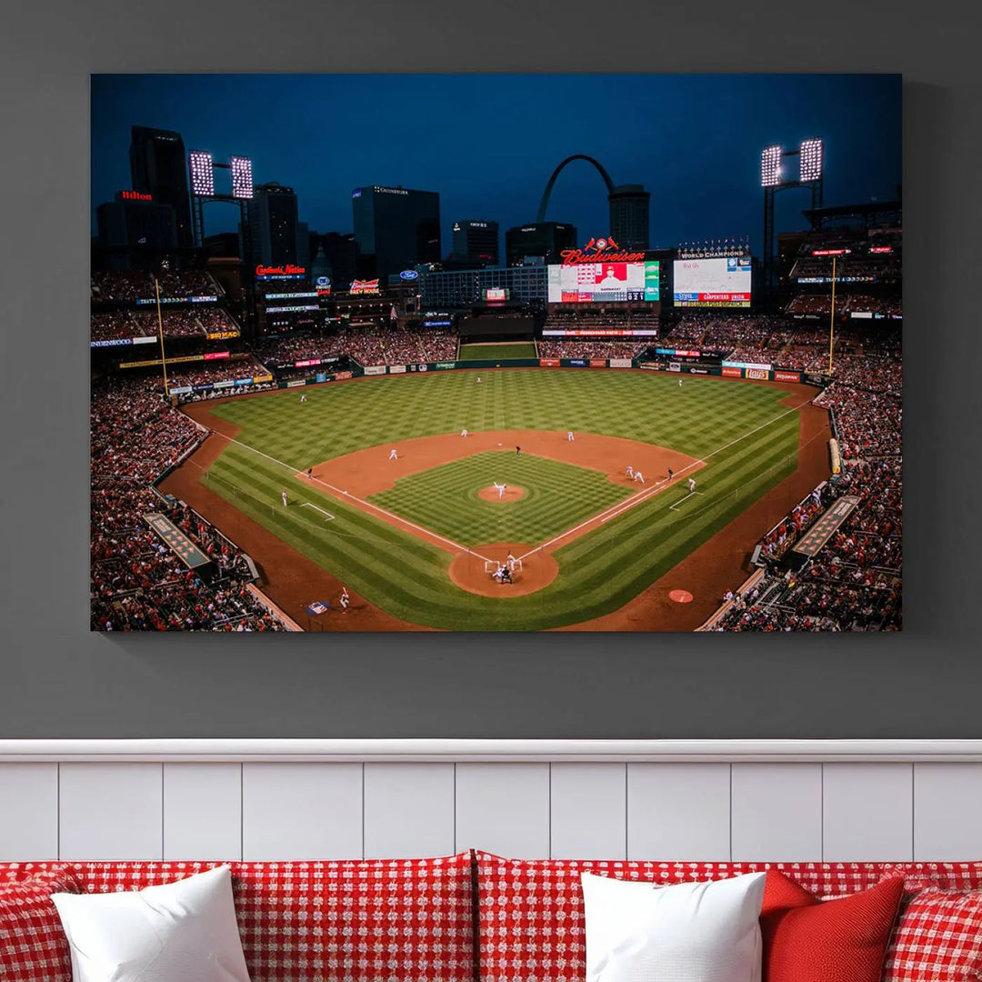 The living room features premium canvas wall art, including a triptych of the St. Louis Cardinals Baseball Team Print showcasing Busch Stadium at night.