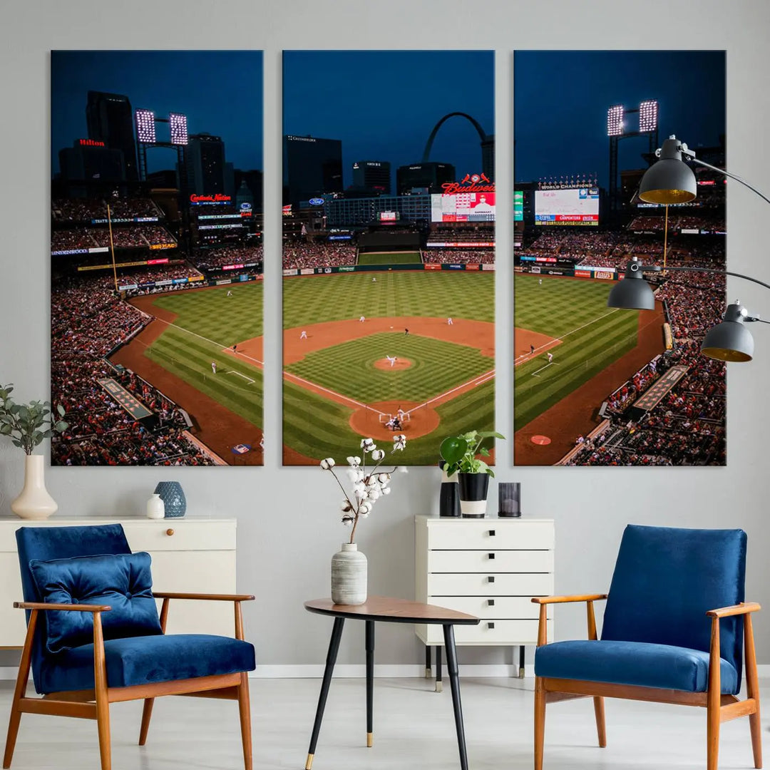 The living room features premium canvas wall art, including a triptych of the St. Louis Cardinals Baseball Team Print showcasing Busch Stadium at night.