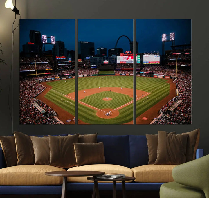 The living room features premium canvas wall art, including a triptych of the St. Louis Cardinals Baseball Team Print showcasing Busch Stadium at night.