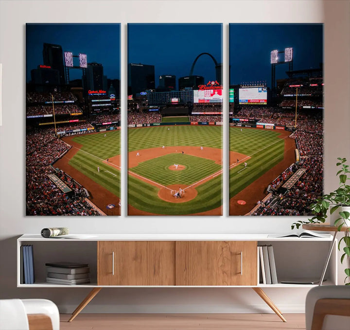 The living room features premium canvas wall art, including a triptych of the St. Louis Cardinals Baseball Team Print showcasing Busch Stadium at night.