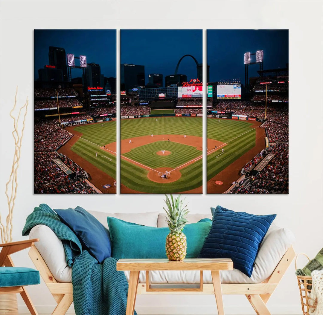 The living room features premium canvas wall art, including a triptych of the St. Louis Cardinals Baseball Team Print showcasing Busch Stadium at night.