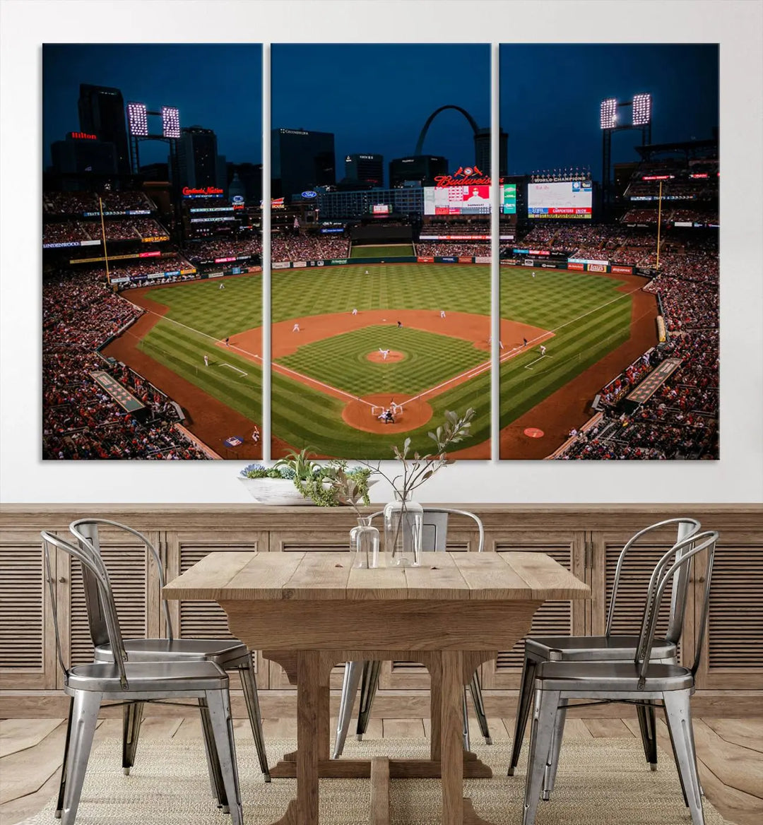 The living room features premium canvas wall art, including a triptych of the St. Louis Cardinals Baseball Team Print showcasing Busch Stadium at night.