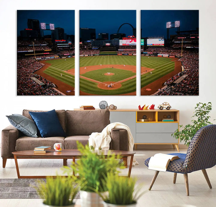 The living room features premium canvas wall art, including a triptych of the St. Louis Cardinals Baseball Team Print showcasing Busch Stadium at night.