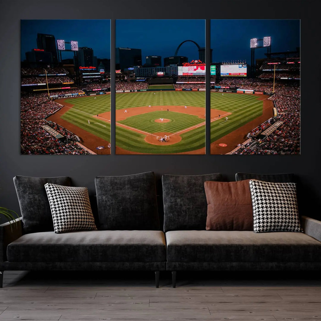 The living room features premium canvas wall art, including a triptych of the St. Louis Cardinals Baseball Team Print showcasing Busch Stadium at night.